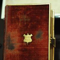 The Bible used by 16th U.S. President Abraham Lincoln and 44th President Barack Obama at their inaugurations, seen at the Library of Congress in Washington. At his swearing-in on Friday, Donald Trump will stand before a crowd of thousands and place his hand on his own Bible and, symbolically, on that used by Abraham Lincoln 156 years before. Trump to be sworn in on his own embossed Bible, and the one used by Lincoln, Obama