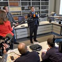 Mutlu Guenal (center), lawyer of suspected jihadi girl Safia S, talks with journalists after her verdict was pronounced on Thursday at the Higher Regional Court in Celle near Hanover, northern Germany. The court sentenced the teenage girl to six years of juvenile detention for stabbing a police officer in an assault “to support the Islamic State group”. German girl gets six-year term for IS police stabbing
