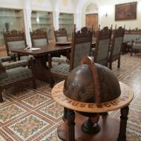 A globe bar inscribed with the name of former communist dictator Nicolae Ceausescu and the word “PEACE” sits inside the former leader’s bunker in Bucharest Wednesday. Ceausescu bunker offers a window into Romania's brutal communist past