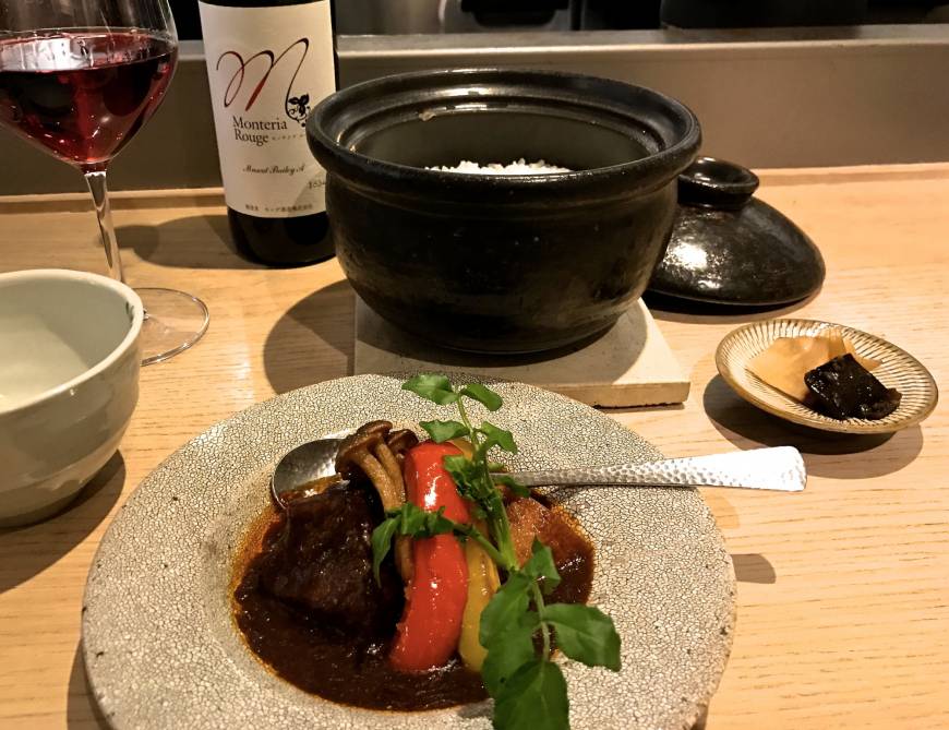 Akomeya Chubo Staple grain: The focus of all meals at Akomeya Chubo is rice, cooked in a traditional 'donabe' clay pot, here served with simmered wagyu beef cheek. | ROBBIE SWINNERTON