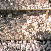 Maneki-neko cat figurines wave at visitors to Gotokuji Temple. Good fortune in the Tokyo suburbs