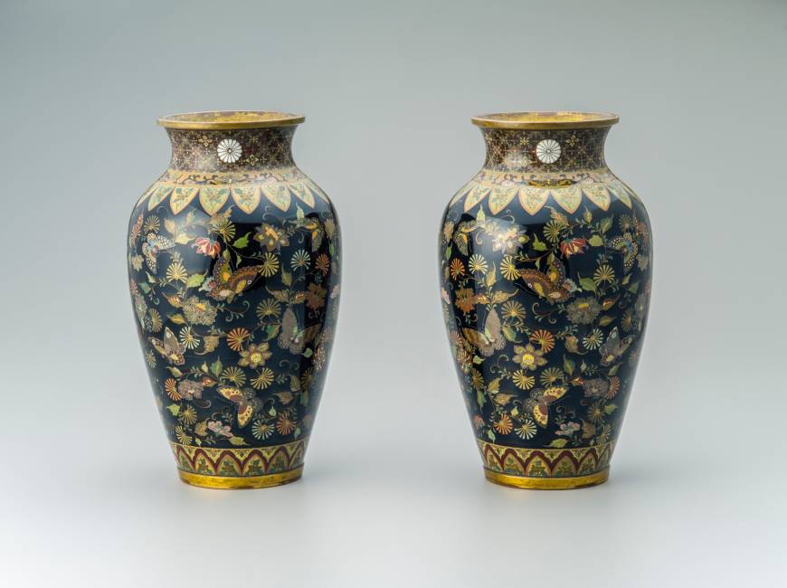 Namikawa Yasuyuki and Japanese Cloisonné: The Allure of Meiji Cloisonne — The Aesthetic of Translucent Black Pair of cloisonne vases with butterfly and chrysanthemum arabesques | SENNYUJI, KYOTO