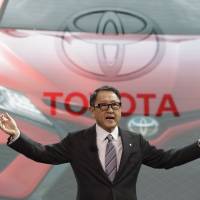 Toyota President Akio Toyoda speaks at the North American International Auto show in Detroit last month. The automaker’s biggest adversary this year may be U.S. President Donald Trump. Trade heat from Trump makes Toyota's test in U.S. even tougher