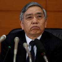 BOJ Gov. Haruhiko Kuroda attends a news conference at the central bank’s headquarters in Tokyo last month. Souring relations with market puts BOJ's bold experiment to test