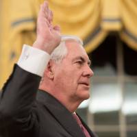 Rex Tillerson is sworn in Feb. 1 as secretary of state in the Oval Office at the White House in Washington. Tillerson, a former oil executive, recused himself on Thursday from any role in approving the Keystone XL pipeline between Canada’s tar sands and U.S. refineries. Tillerson recuses himself from Trump-planned Keystone XL pipeline approval