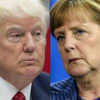 This combination of pictures created Friday shows U.S. President Donald Trump during a meeting about the federal budget in the Roosevelt Room at the White House in Washington last month and German Chancellor Angela Merkel during a joint press conference with the Danish Prime Minister at the chancellery in Berlin in 2014. Europe’s most powerful leader, Merkel, meets for the first time on Tuesday with Trump, whose arrival in the White House has sent shockwaves across the Atlantic. Clash of style and substance as Merkel makes Trump serious study before their key meeting