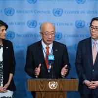 U.S. Permanent Representative to the United Nations Ambassador Nikki Haley, Permanent Representative of Japan to the United Nations Ambassador Koro Bessho and Permanent Representative of the Republic of Korea to the United Nations Ambassador Cho Tae-yul speak to the media after taking part in the U.N. Security Council consultations on North Korea’s recent missile launches, Wednesday at United Nations headquarters in New York. Fearing war, China says if U.S. halts drills, North Korea may back down but Haley leaves options open