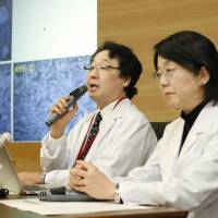 Masayo Takahashi (right), project leader at Riken’s Laboratory for Retinal Regeneration, speaks alongside Yasuo Kurimoto, who heads the department of ophthalmology at Kobe City Medical Center General Hospital, during a news conference in Kobe on Tuesday. Japanese team conducts world's first eye transplant using donor iPS cells