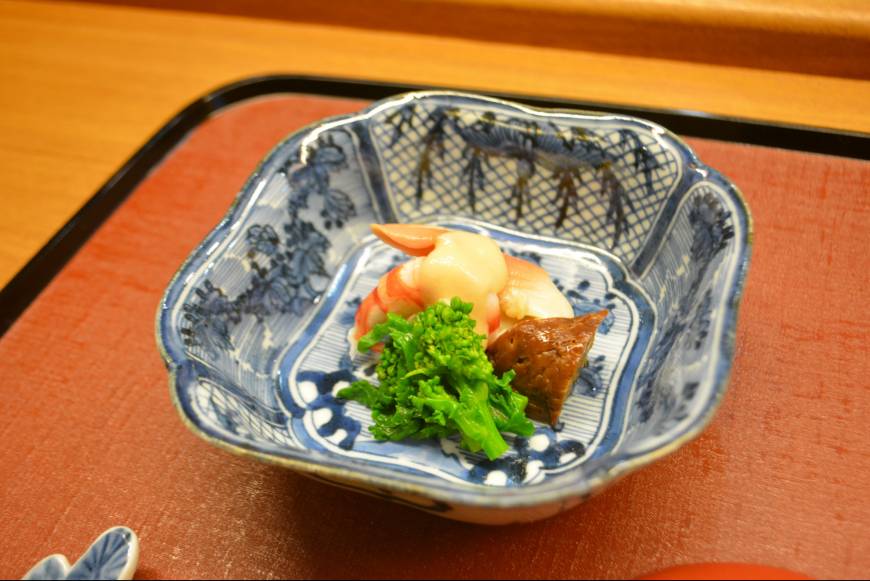 Iwasaki Breaking the rules: A rare photograph of Iwasaki's kurama ebi (prawns) with sweet chestnut and rapeseed with a vinegar and soy sauce dressing. | J.J. O'DONOGHUE