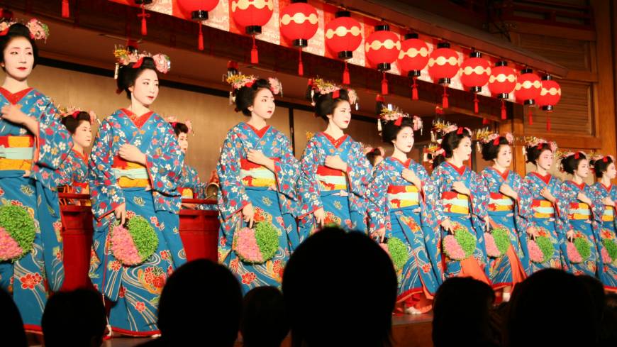 Dressed up to dance: Geisha perform at Miyako Odori. Kyoto's major spring dances