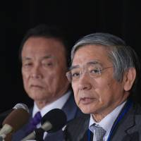 Bank of Japan Gov. Haruhiko Kuroda (right) and Finance Minister Taro Aso take part in a news conference in Washington on Friday. BOJ to hold talks on reducing fiscal 2017 inflation estimate