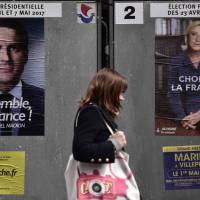 A pedestrian walks past posters of French presidential election candidates in Paris on Friday. Japanese investors, worried about French political risks, are keeping the country’s bonds at arm’s length. Political risk scares away Japanese investors in French bonds