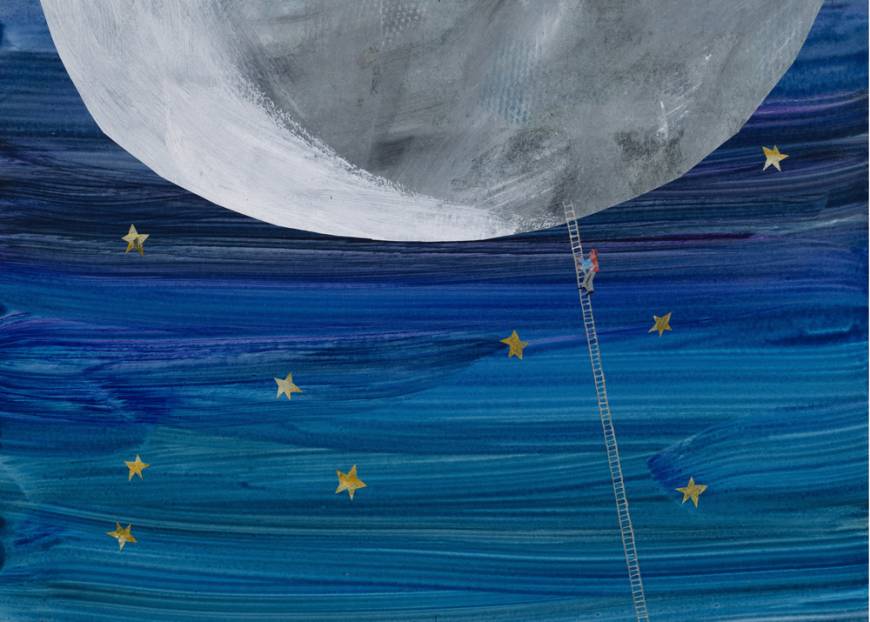 The Art of Eric Carle Final illustration for 'And, indeed, the moon got smaller and smaller and smaller' from the book 'Papa, Please Get the Moon for Me' | © 1986 ERIC CARLE