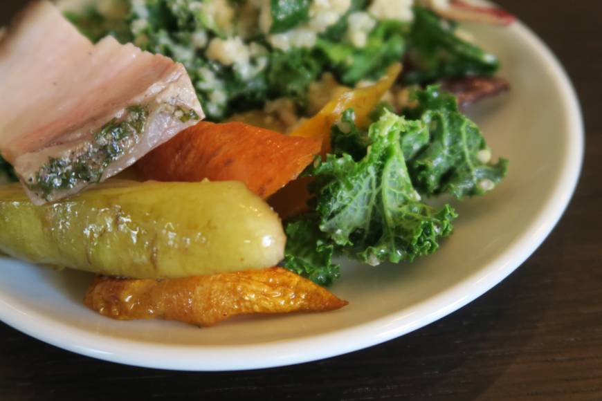 Noz Colorful carrots: Mixed greens, quinoa, carrots and crispy royal pork from Okinawa. | SAMANTHA CUBBISON