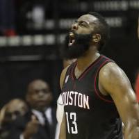 The Rockets’ James Harden yells during Game 1 against the Thunder on Sunday in Houston. Beverley, Harden lead Rockets over Thunder
