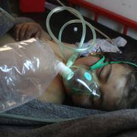 This file photo taken on April 3 shows a Syrian child receiveing treatment at a small hospital in the town of Maaret al-Noman following a suspected toxic gas attack in Khan Sheikhun, a nearby rebel-held town in Syria’s northwestern Idlib province. Syrian government forces used deadly nerve gas in Khan Sheikhun and in three other recent attacks, Human Rights Watch said Monday, describing a “clear pattern” of chemical weapons use that could amount to crimes against humanity. Syria in 'clear pattern' used suspected nerve agents in at least four attacks since December: HRW