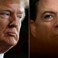 U.S. President Donald Trump speaks in Ypilanti Township, Michigan, in March and then-FBI Director James Comey testifies before a Senate Judiciary Committee hearing in Washington on May 3. FBI probe moves into White House, report says