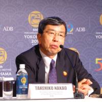Takehiko Nakao, president of Asian Development Bank, speaks Thursday at the Pacifico Yokohama convention center during the ADB’s 50th annual meeting. Japan, Asia Development Bank to promote universal health care in Asia-Pacific