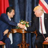 Prime Minister Shinzo Abe and President Donald Trump meet ahead of the G-7 summit in Taormina, Italy on Friday. Abe, Trump call for pressure on North Korea as G-7 summit gets underway