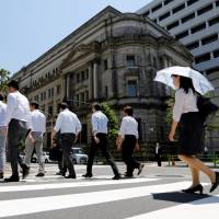 Office workers walk past the Bank of Japan building in Tokyo on Friday. BOJ keeps policy unchanged amid growing pressure to discuss stimulus exit plan