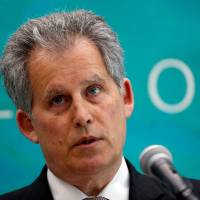 International Monetary Fund Deputy Managing Director David Lipton speaks at a news conference in Tokyo on Monday. Top IMF official urges Japan to labor market, structural reforms