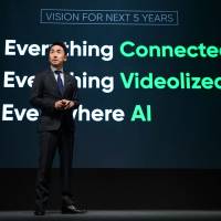 Takeshi Idezawa, chief executive officer of Line Corp., speaks during a news conference in Tokyo Thursday. Line plans smart speaker to challenge Amazon, Google