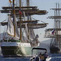 The German tall ship Alexander Von Humboldt II (left) follows Russian tall ship Krusenstern are seen in 2013 during a tall ships regatta off the coast of Toulon, southern France. The Alexander Von Humboldt II will join more than 50 other grand vessels from 14 countries sailing into Boston Harbor on Saturday for another Sail Boston. Boston hosts parade of more than 50 tall ships