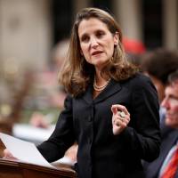 Canadian Foreign Affairs Minister Chrystia Freeland delivers a speech on Canada’s foreign policy in the House of Commons on Parliament Hill in Ottawa Tuesday. As U.S. retreats, Canada seeks larger world role, foreign minister says