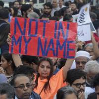 Bollywood actress Shabana Azmi holds a placard high during a protest over a spate of violent attacks across the country targetting the country’s Muslim minority, in Mumbai, India, Wednesday. Thousands of protestors gathered in different cities to decry the silence of India’s Hindu right-wing government in the face of the public lynchings and violent attacks on at least a dozen Muslim men and boys since it was voted to power in 2014. Protests held across India after mobs attack Muslims, alleging they're eating beef