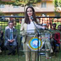 U.S. actor and UNHCR Special Envoy Angelina Jolie delivers a statement in front of the sexual and gender-based violence prevention course at The International Peace Support Training Centre in Nairobi Tuesday. U.N. envoy Angelina Jolie slams impunity with which refugees around the world are raped
