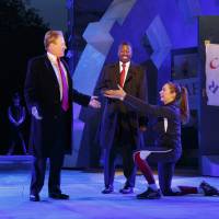 Tina Benko (left) portrays Caesar’s wife, Calpurnia, and Gregg Henry (center left), portrays a Donald Trump-like Julius Caesar during a rehearsal for The Public Theater’s Free Shakespeare in the Park production of “Julius Caesar” in New York on May 21. Trump-like 'Julius Caesar' production prompts Delta, Bank of America to pull sponsorship