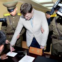 U.S. student Otto Warmbier, who was arrested for committing “hostile acts” against North Korea, is seen during his trial at the Supreme Court in Pyongyang on March 16, 2016. With Warmbier in coma, North Korea's hostage 'playbook' backfires
