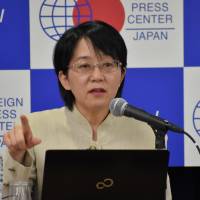 Masayo Takahashi, a researcher at the Riken institute’s Center for Developmental Biology, speaks during a news conference at the Foreign Press Center in Tokyo on June 7. Transplants using iPS cells put Riken specialist at forefront of regenerative medicine research