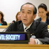 Hiroshima Mayor Kazumi Matsui addresses a U.N. conference negotiating a treaty to ban nuclear weapons, at U.N. headquarters on Thursday. Hiroshima mayor calls on U.N. to adopt nuclear weapons ban treaty
