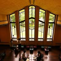 Hallowed space: The recently restored main hall at Frank Llyod Wright’s Jiyugakuen Myonichikan. A trip to formal gardens yields finds of other kinds in Mejiro