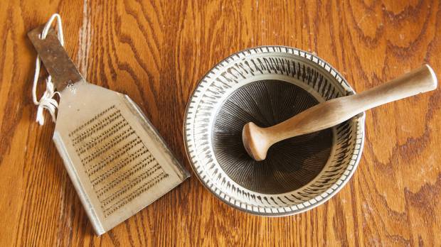 Tried and true: An oroshigane grater (left) and a set of suribachi mortar and surikogi pestle, traditional tools for a modern kitchen. Getting in the groove with 'suribachi' and 'surikogi,' the Japanese mortar and pestle
