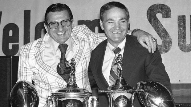 Ex-Arizona State coach Frank Kush (right), seen with former Penn State coach Joe Paterno in a December 1977 file photo at the Fiesta Bowl luncheon in Phoenix, died on Wednesday. He was 88. Legendary ASU football coach Frank Kush dies at 88