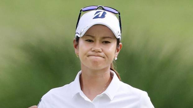 Ai Miyazato pumps her fist after a birdie putt on the 16th hole during the second round on Saturday in Rogers, Arkansas. Miyazato makes final round; Ryu shoots course-record 61