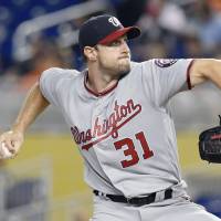 Nationals hurler Max Scherzer pitches against the Marlins on Wednesday in Miami. Nationals hurler Scherzer comes unglued after losing no-hit bid in eighth inning against Marlins