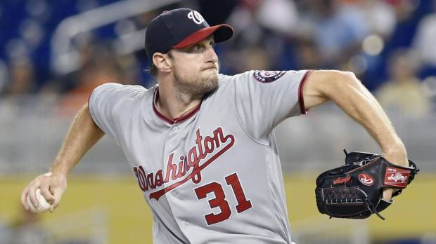 Nationals hurler Max Scherzer pitches against the Marlins on Wednesday in Miami. Nationals hurler Scherzer comes unglued after losing no-hit bid in eighth inning against Marlins