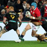 British and Irish Lions’ Jack Nowell runs against the Waikato Chiefs on Tuesday in Hamilton, New Zealand. Nowell scored two tries in a 34-6 victory over the Chiefs. Lions thrash Chiefs in final match before test against All Blacks