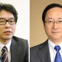 Goshi Kataoka (left), senior economist at Mitsubishi UFJ Research and Consulting Co., and Hitoshi Suzuki, a former Bank of Tokyo-Mitsubishi UFJ deputy president, joined the Bank of Japan’s Policy Board on Monday. Two new Bank of Japan policymakers join board