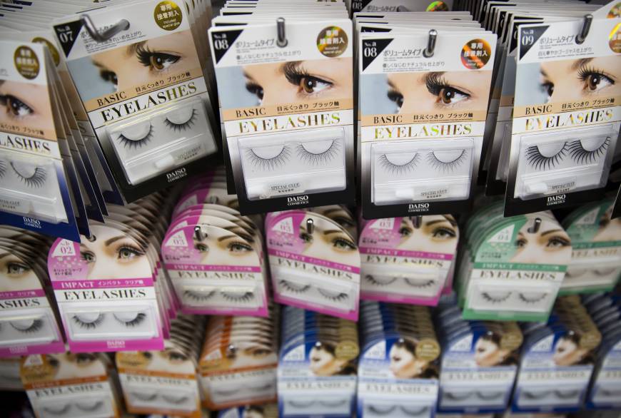 Fake eyelashes are displayed for sale at a Daiso store in Harajuku.