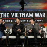 Speaking Jan. 15 (from left) Ken Burns, Trent Reznor, Atticus Ross and Lynn Novick attend the PBS “The Vietnam War” panel at the 2017 Television Critics Association press tour in Pasadena, California. The public TV service said its fall lineup will be anchored by Burns’ “The Vietnam War,” a 10-part documentary debuting Sept. 17. Filmmaker Ken Burns sees Vietnam War as virus, documentary as vaccination