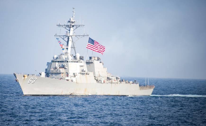The Arleigh Burke-class guided-missile destroyer USS Stethen transits waters east of the Korean Peninsula during an exercise in March. U.S. warship sails near Chinese-occupied island in disputed South China Sea