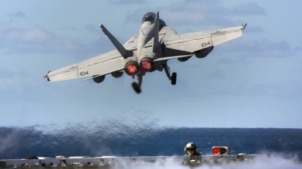 A U.S. Navy F/A-18E Super Hornet takes off from the flight deck of the USS Ronald Reagan aircraft carrier during Exercise Talisman Saber 2017 on July 14. Australia spots Chinese spy ship near joint military exercises
