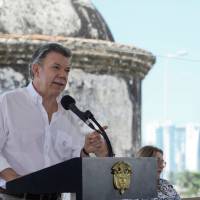 Colombian President Juan Manuel Santos speaks in Cartagena, Colombia, Wednesday. Colombia considers salvage proposal for one of the world's largest sunken treasures