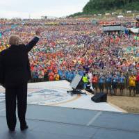 U.S. President Donald Trump waves after speaking to Boy Scouts during the National Boy Scout Jamboree at Summit Bechtel National Scout Reserve in Glen Jean, West Virginia, Monday. Trump speech to Boy Scouts slammed by parents, called 'pathological campaign rehashing'