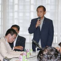 Okiharu Yasuoka, head of the Liberal Democratic Party’s constitutional reform panel, speaks Wednesday at a panel meeting in Tokyo. LDP lawmakers play it safe on revising Constitution after Tokyo election defeat