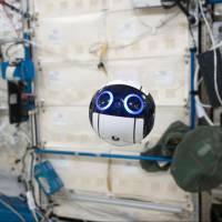 The Japanese Aeroxpace Exploration Agency’s Int-Ball video drone floats in Japan’s Kibo science module at the International Space Station. JAXA tests grapefruit-sized video drone aboard ISS